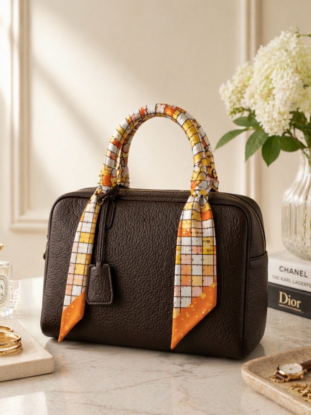 ORANGE SQUARE PARIS PRINT SKINNY SCARF STYLE HANDBAG HANDLE WRAP HAIR NECK TIE